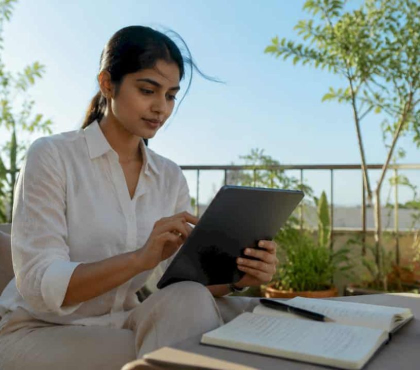 Woman reviewing digital marketing data at home desk