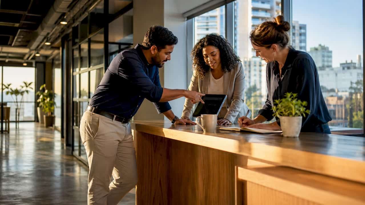 Team discussing SEO strategy in office