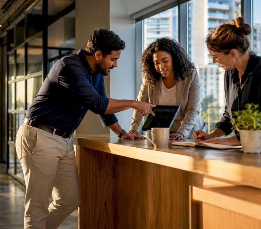 Team discussing SEO strategy in office