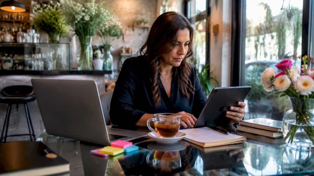 Small business owner managing marketing workflow