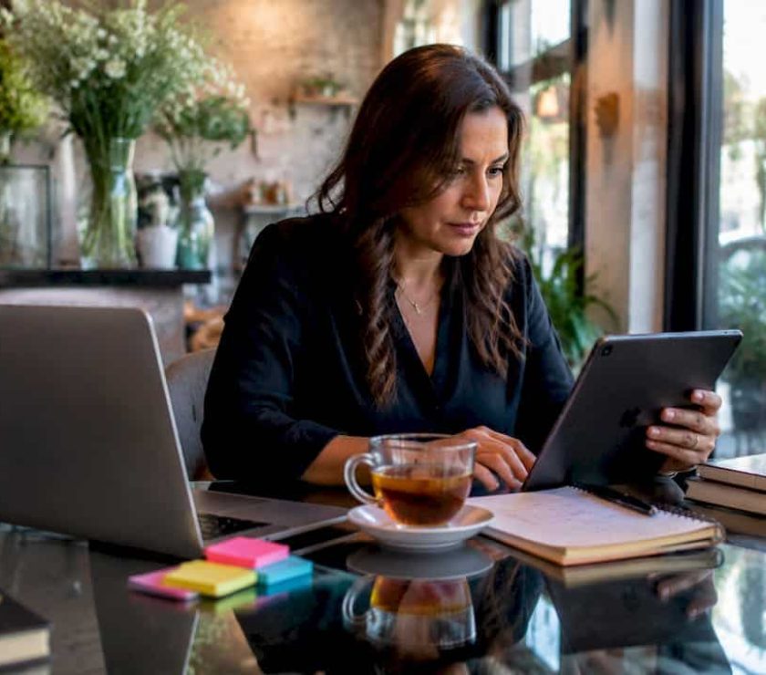 Small business owner managing marketing workflow