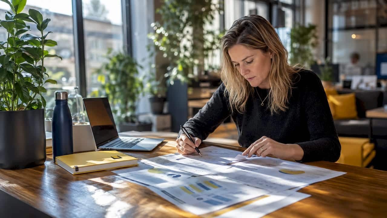 UK marketer reviewing CPA reports at desk