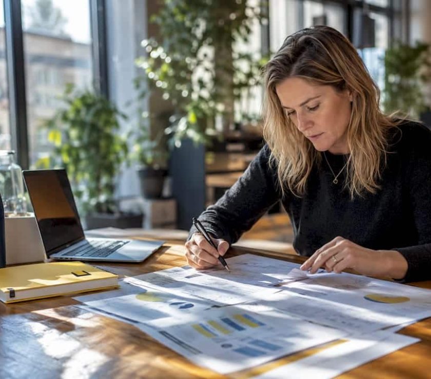 UK marketer reviewing CPA reports at desk