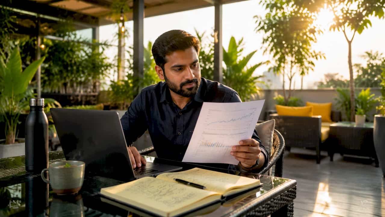 Man reviewing search engine ranking materials at table