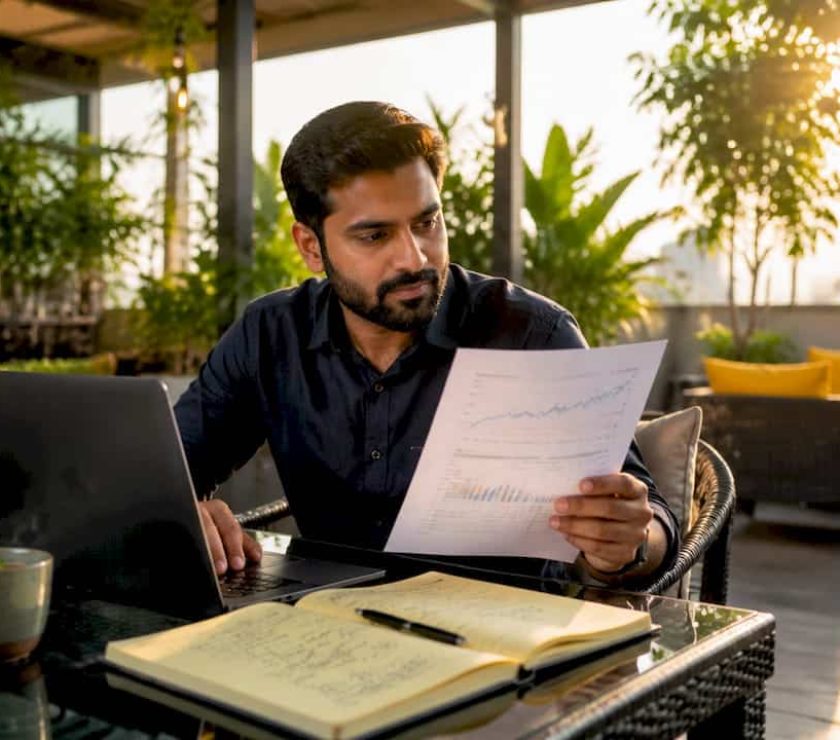 Man reviewing search engine ranking materials at table