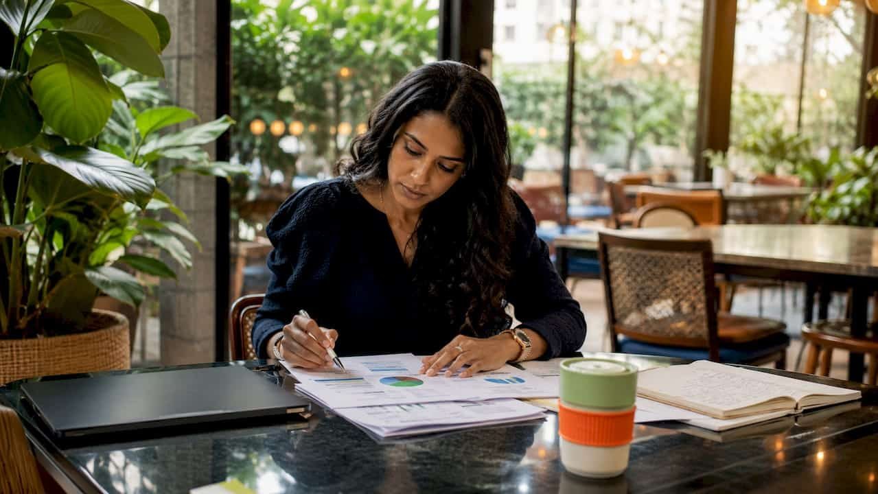 Woman reviewing PPC campaign documents at desk