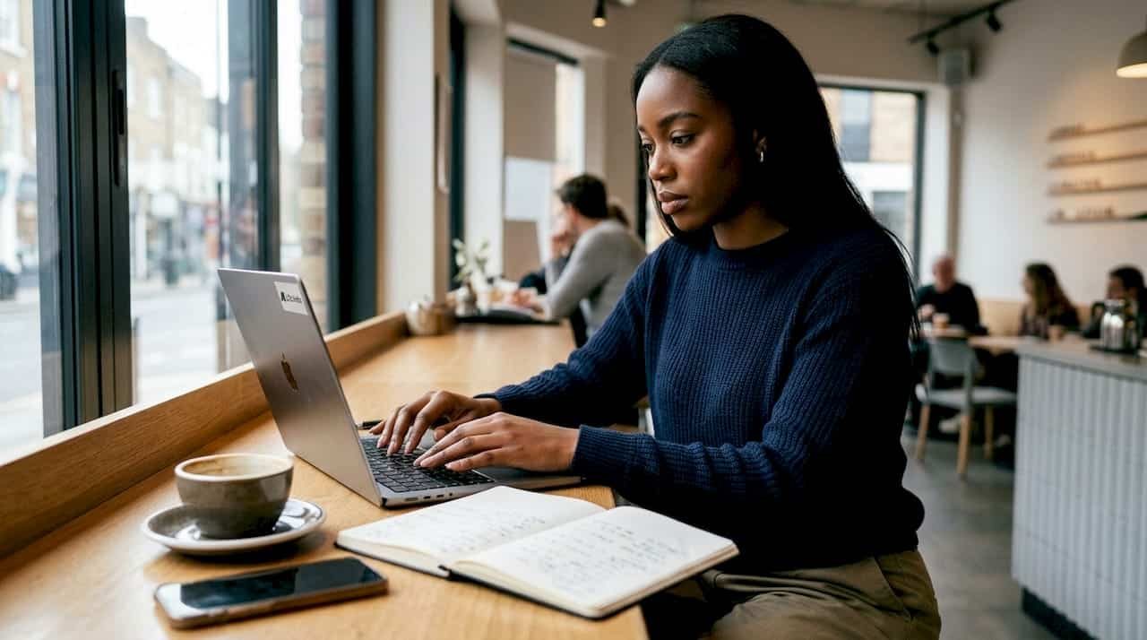 Woman working on Google Business Profile laptop in café