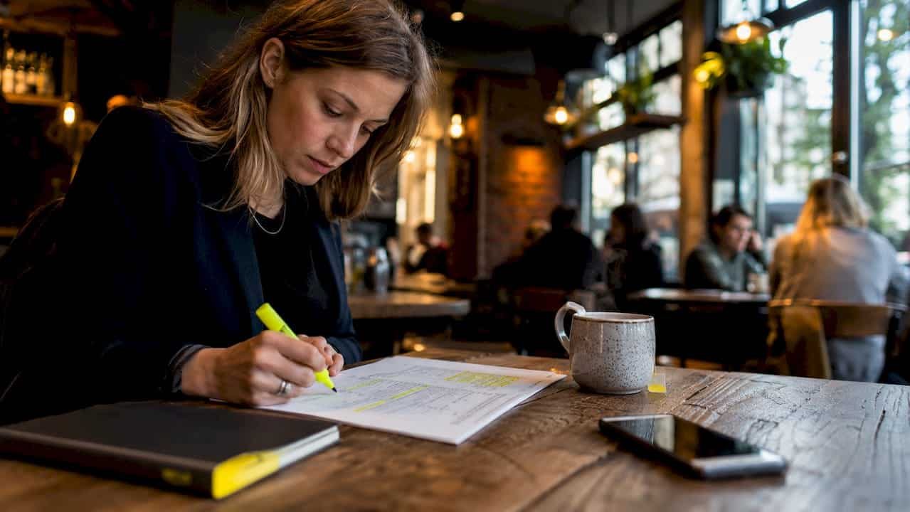 UK businesswoman reviewing marketing checklist at table