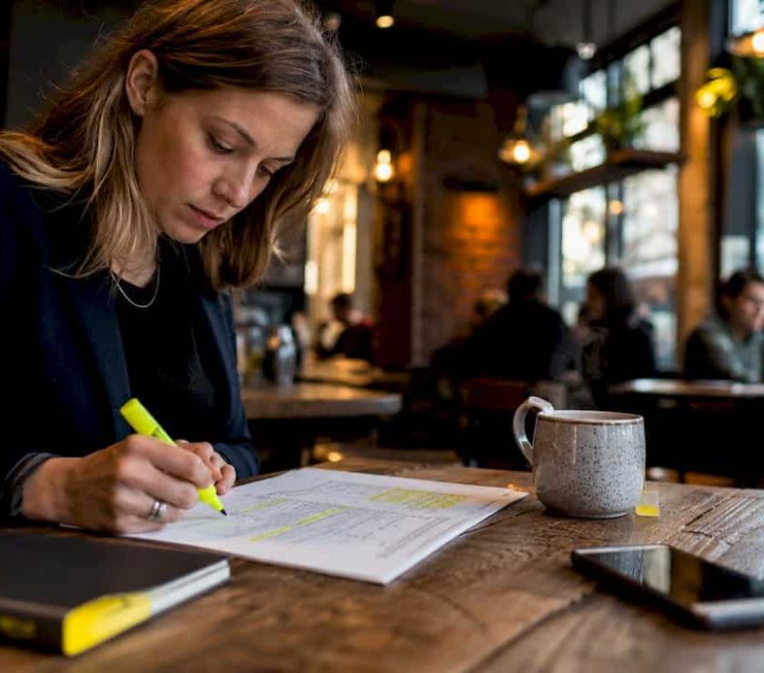 UK businesswoman reviewing marketing checklist at table